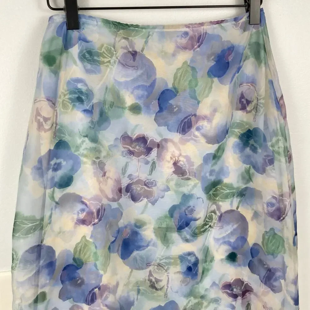 VTG Womens White & Blue Sheer Floral Maxi Skirt XS Fairy Cottage Ethereal Y2K - Picture 3 of 9